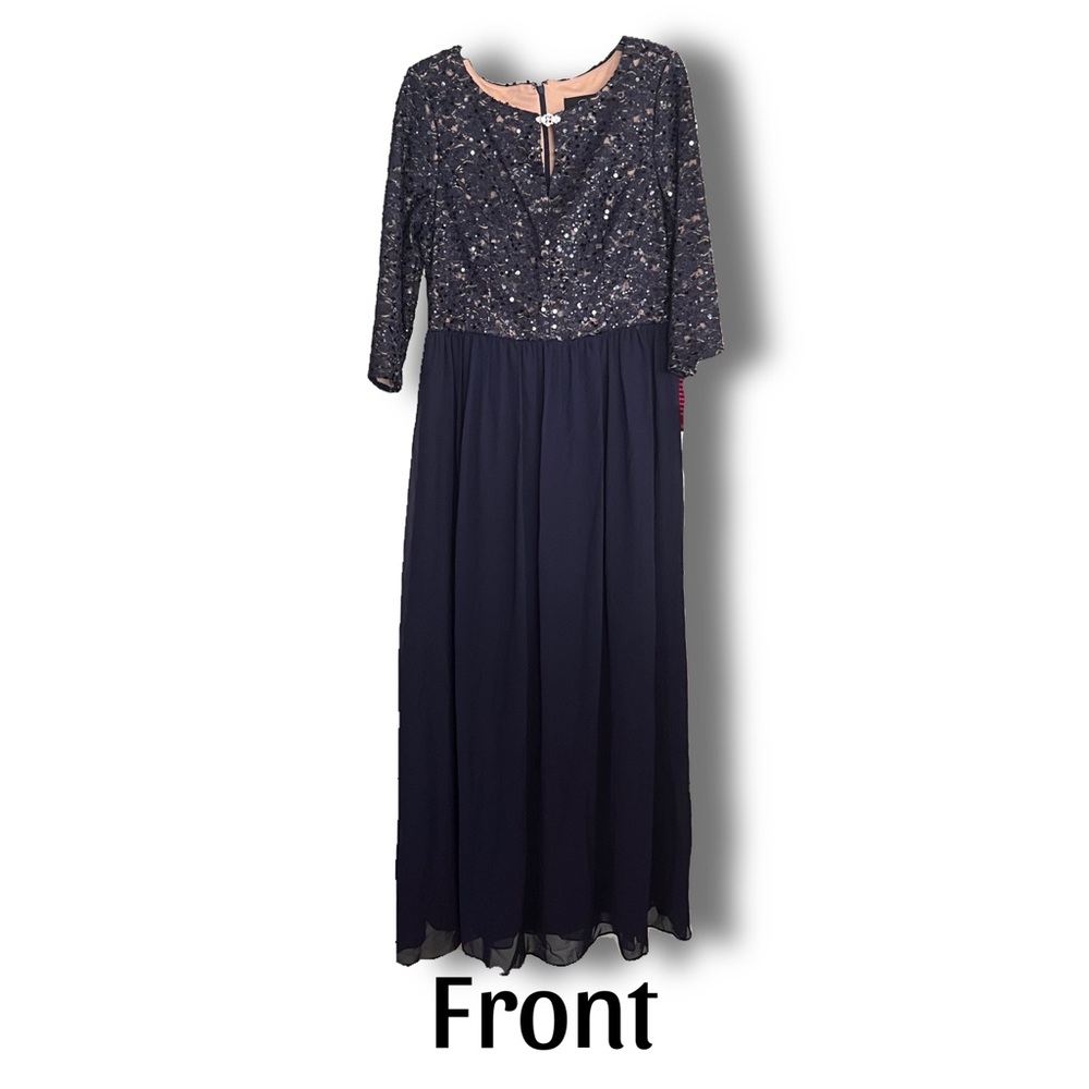 Alex Evenings PETITE Navy Blue Sequined Rhinestone Chiffon Gown Dress Size 12P